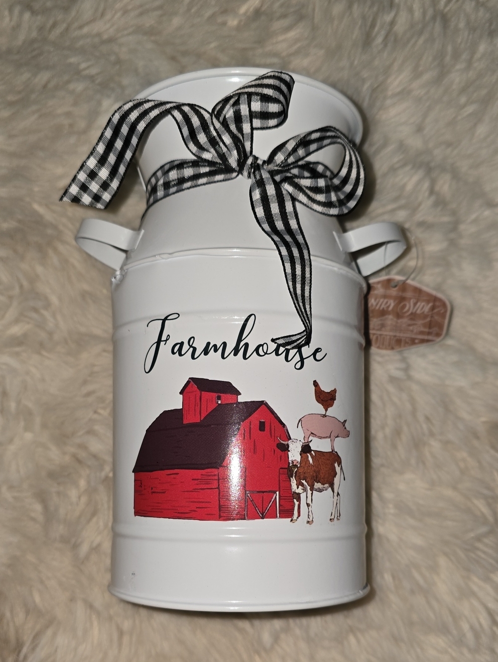 Farmhouse White Metal Milk Can with Red Barn Graphic